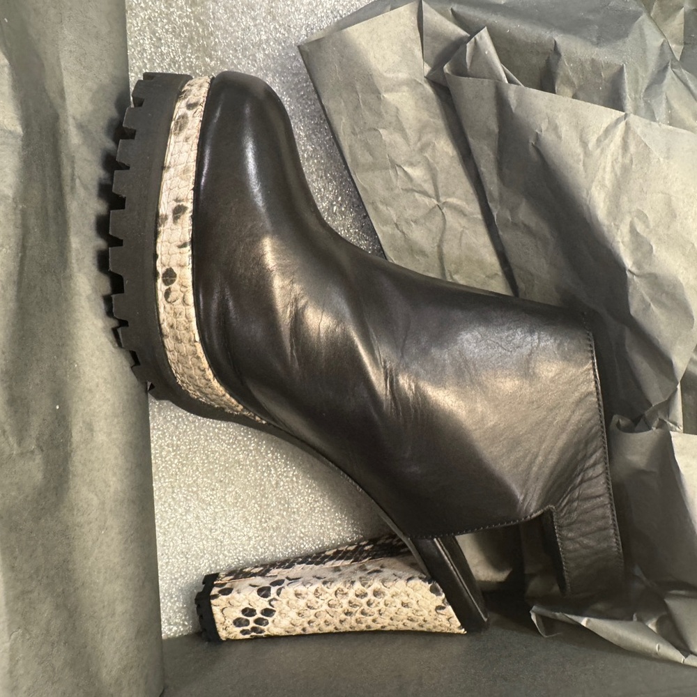 (NEW WITH BOX) All Saints Black Leather Heeled Boots with Snakeskin Accent - Picture 6 of 9